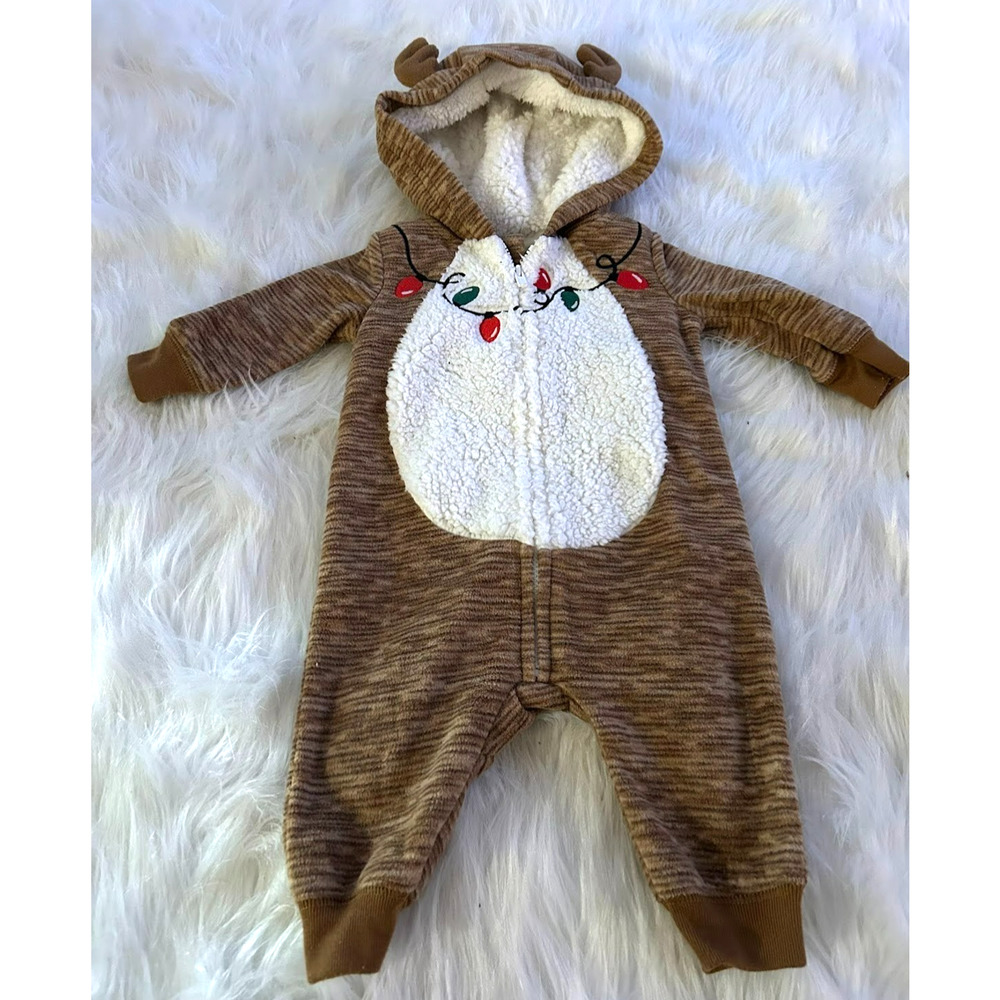 Carter's Just One You Reindeer Fleece Hooded Romper Brown Christmas 3 Months